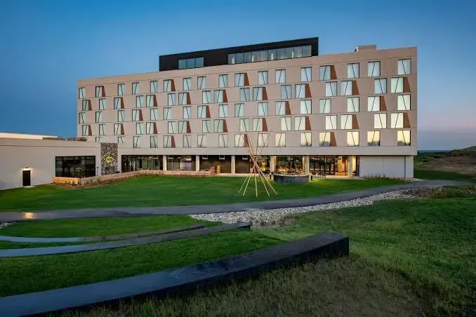 Countryside resort exterior in soft light